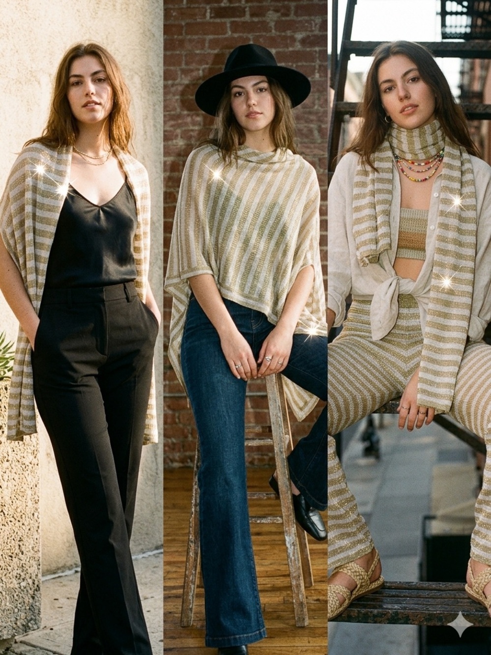 Chico's Striped Split Wrap Scarf in Beige and Silvery Cream
